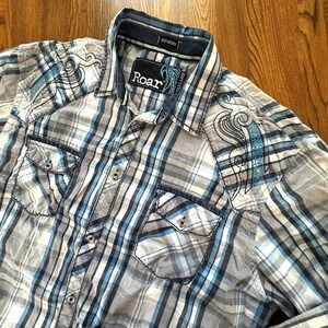 Roar Signature Blue Grey Plaid Long Sleeve Button Up Embroidered Shirt Men's 3XL